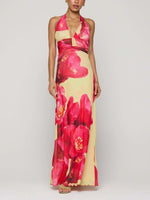 Floral Halter Neck Deep V Maxi Dress - Ladyez
