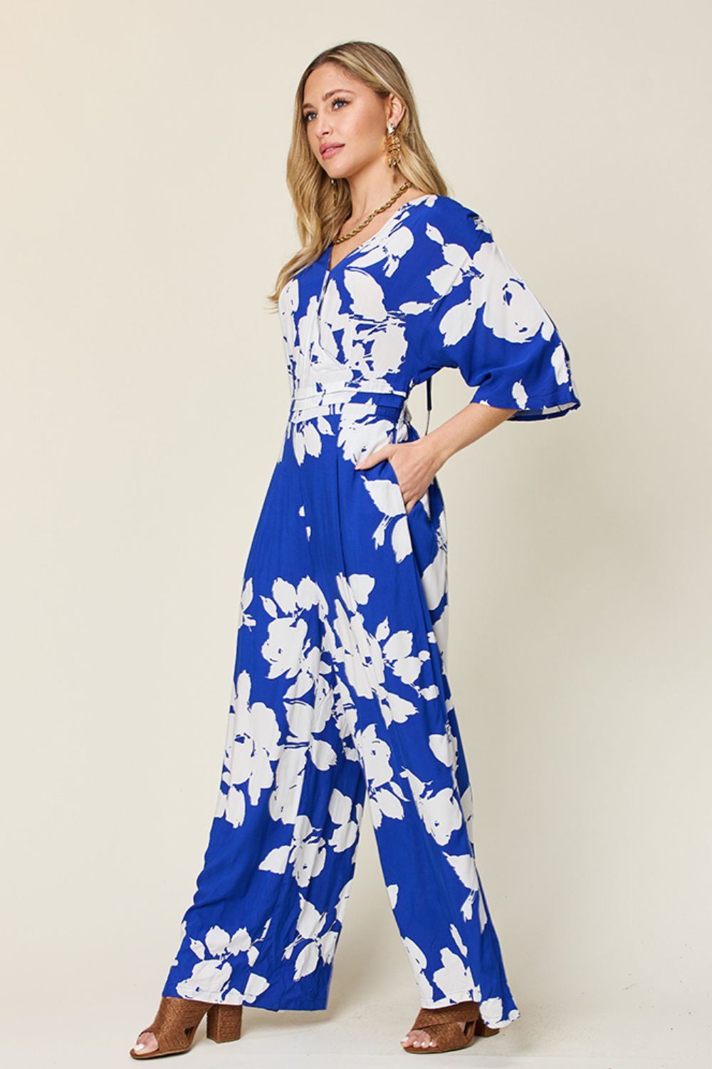 Double Take Full Size Printed Tie Back Wide Leg Jumpsuit - Ladyez