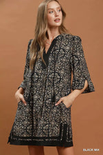 Umgee Mix Geometric Print V-Neck Tassel Detail Tunic Dress