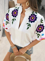 Floral Print Notched Puff Sleeve Blouse - Ladyez