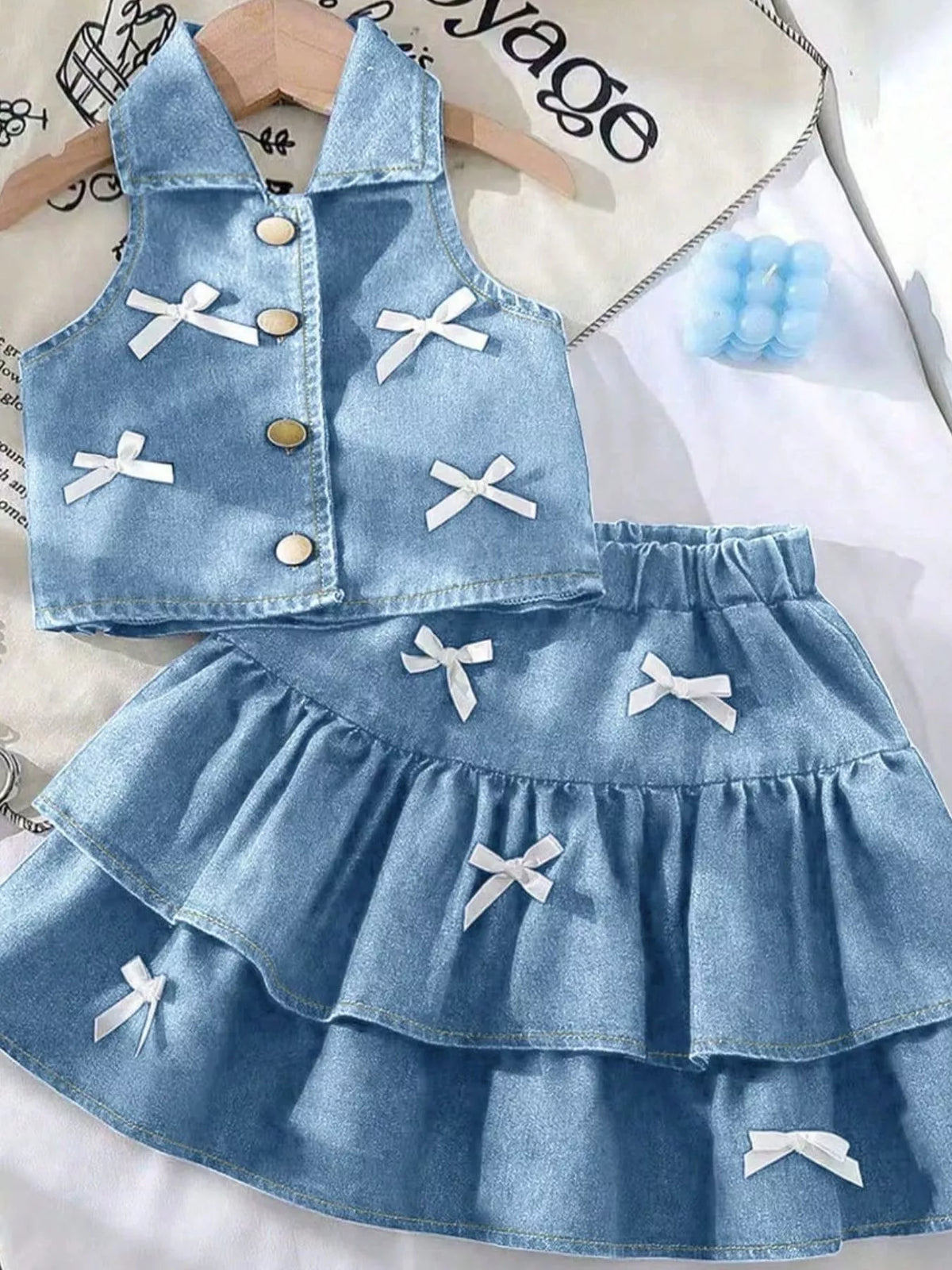 Children's Button UP Vest and Skirt Denim Set