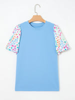 Round Neck Textured Contrast Floral Bubble Sleeve Blouse
