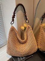Knitted Shoulder Bag with Wooden Bead Handle