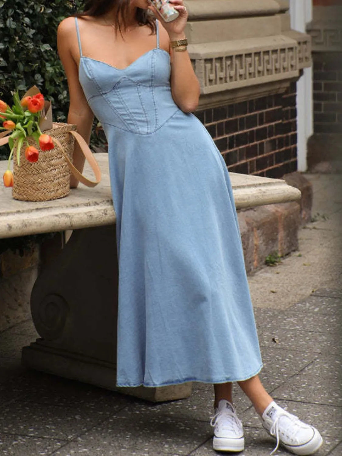 Smocked Sweetheart Neck Midi Cami Dress