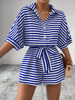 Tie Waist Half Button Striped Romper - Ladyez