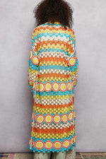 POL Scalloped Edge Open Front Crochet Cardigan with Colorful Stripe Pattern