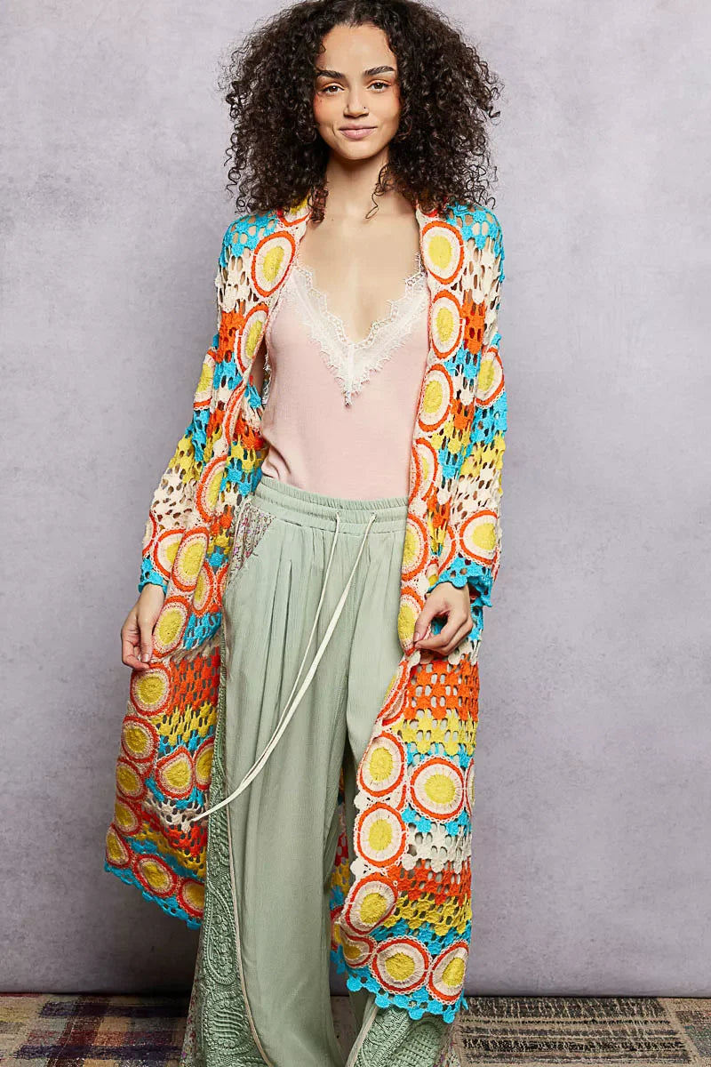 POL Scalloped Edge Open Front Crochet Cardigan with Colorful Stripe Pattern