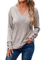 Ribbed V-Neck Long Sleeve Top
