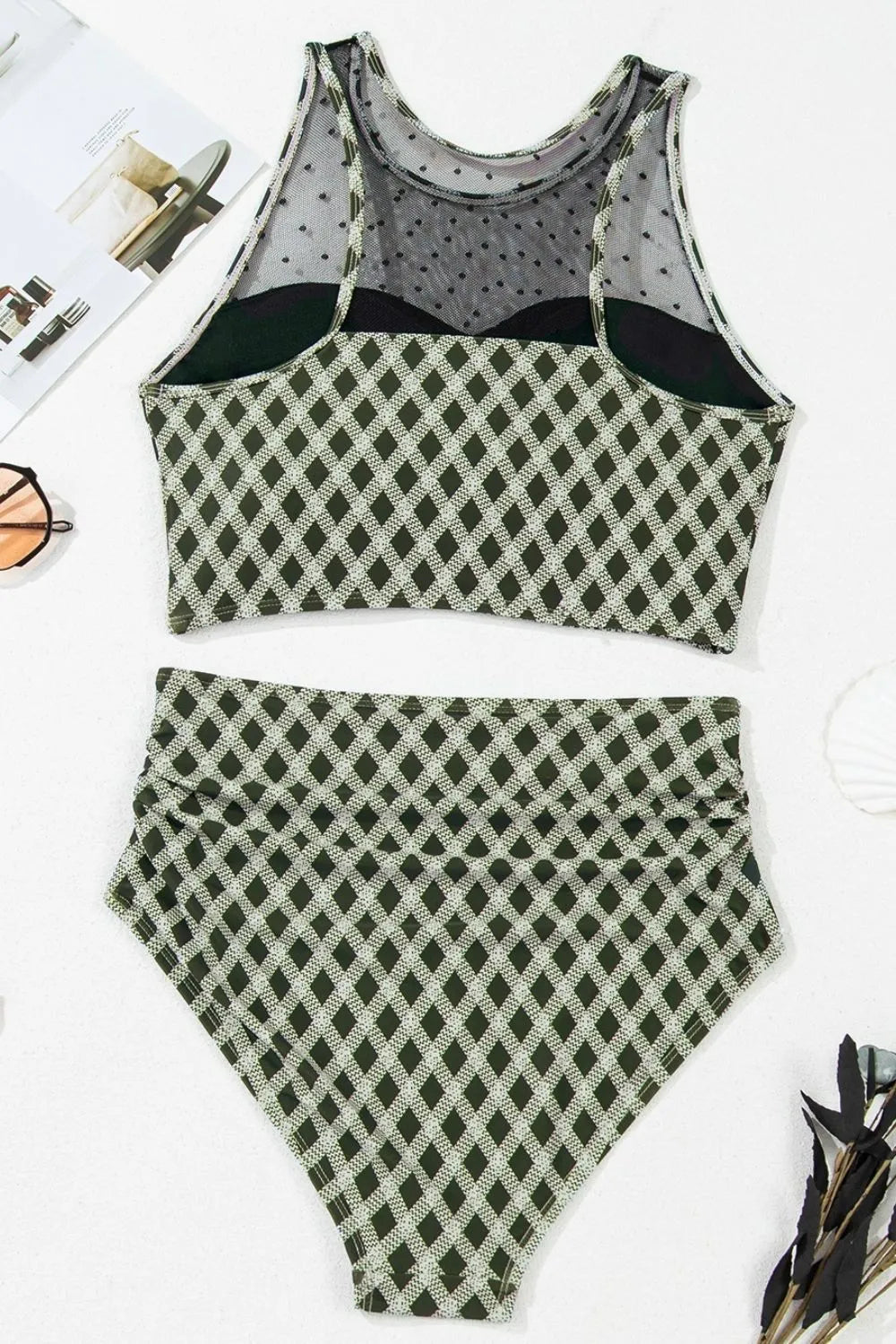 Dotted Mesh Plaid Patchwork High Waisted Swim Set - Ladyez