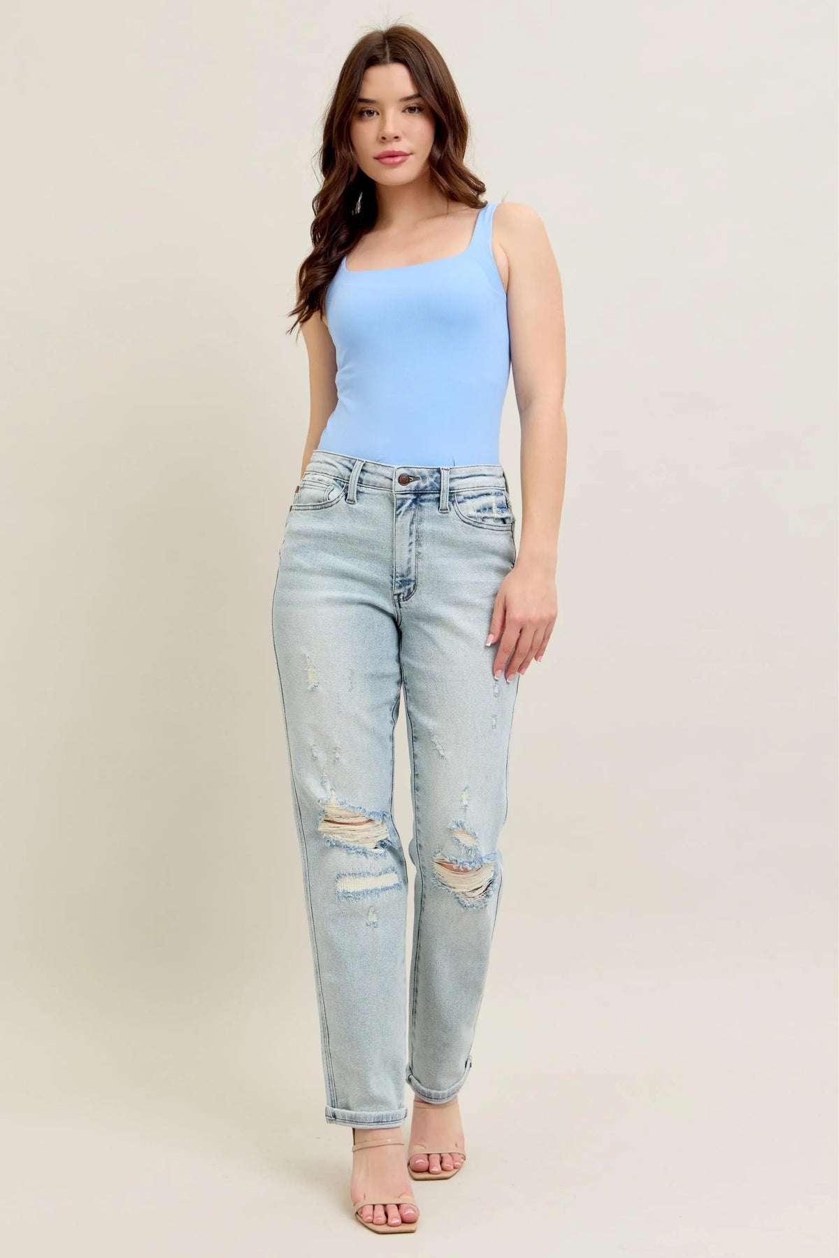 Judy Blue Full Size Mr Repair Stitch Detail Destroy Single Cuff Bf Jeans Plus Size - Ladyez