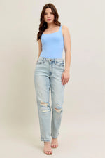 Judy Blue Full Size Mr Repair Stitch Detail Destroy Single Cuff Bf Jeans Plus Size - Ladyez