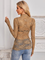 Mock Neck Long Sleeve Lace Sheer Top - Ladyez
