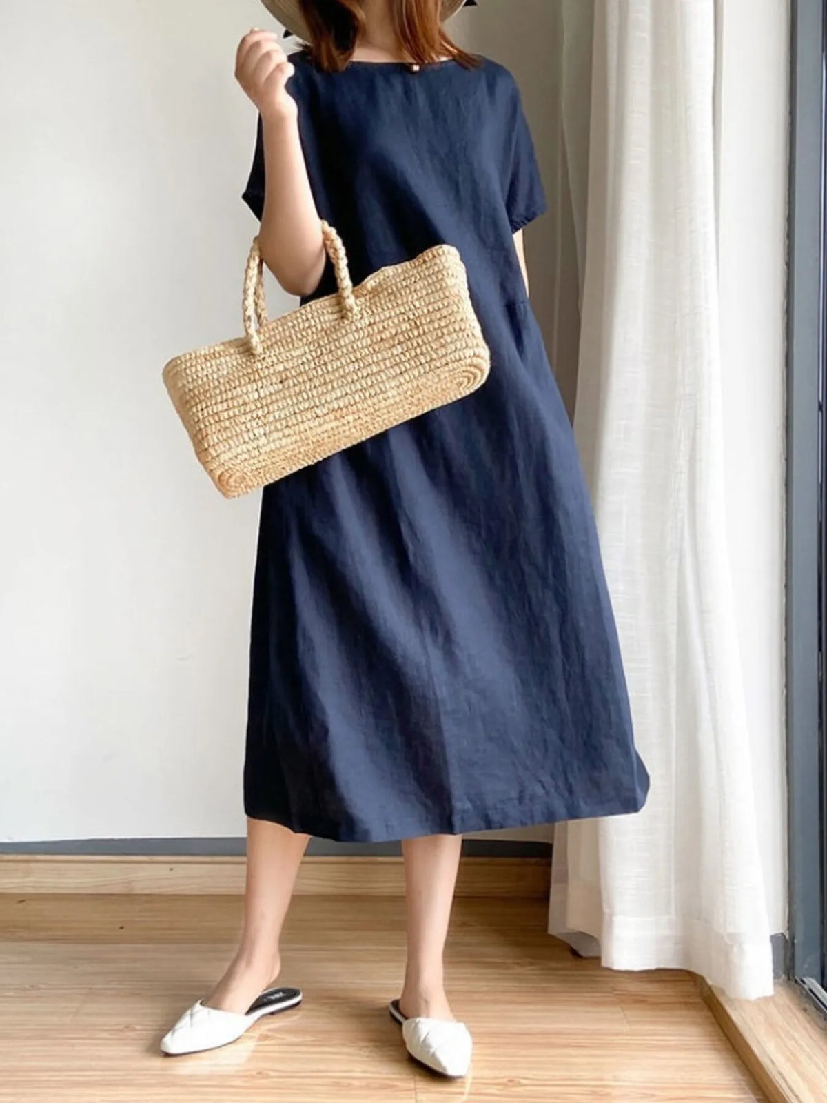 Full Size Casual Round Neck Midi Dress Plus Size - Ladyez