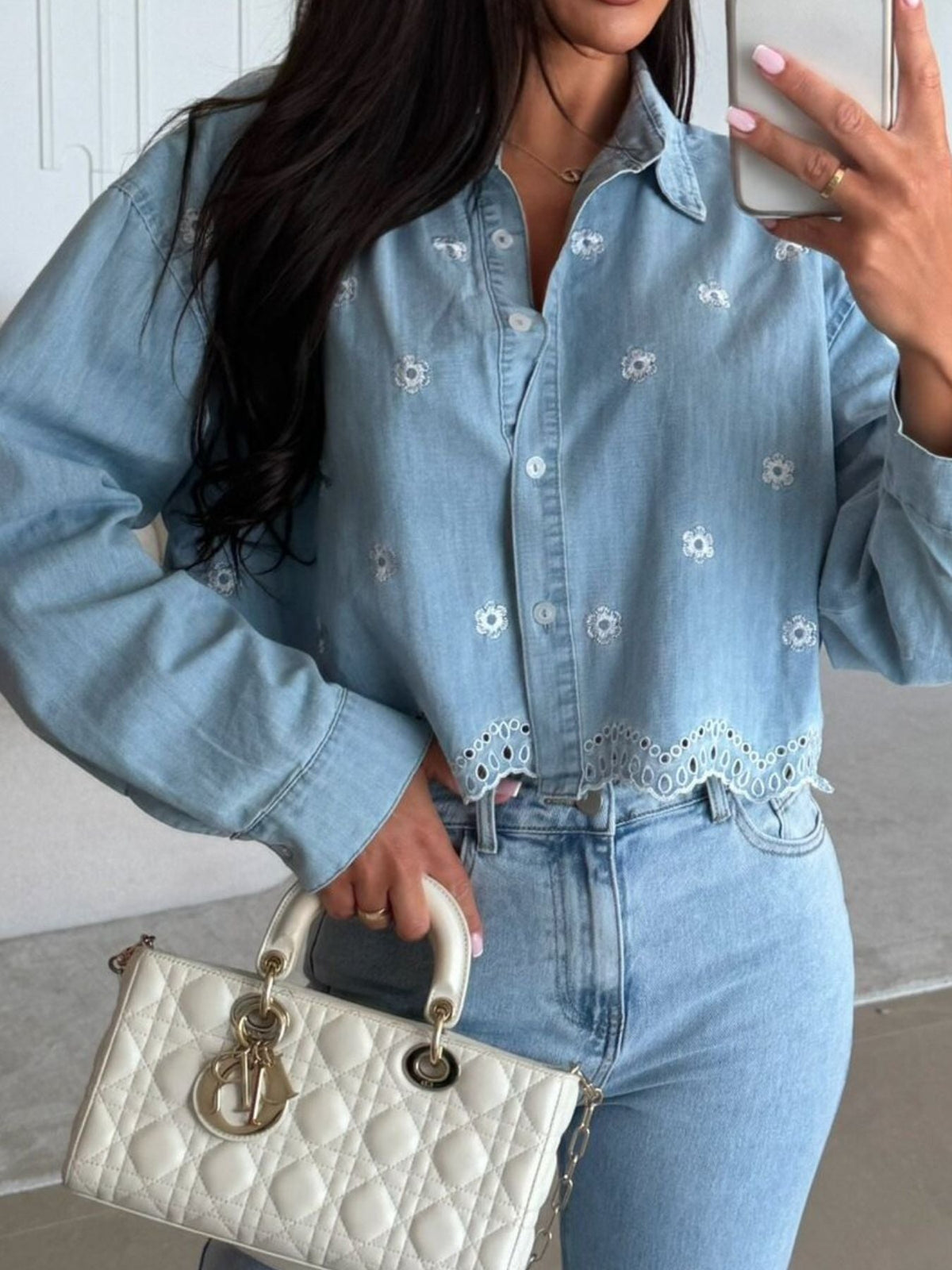 Embroidered Cropped Denim Shirt