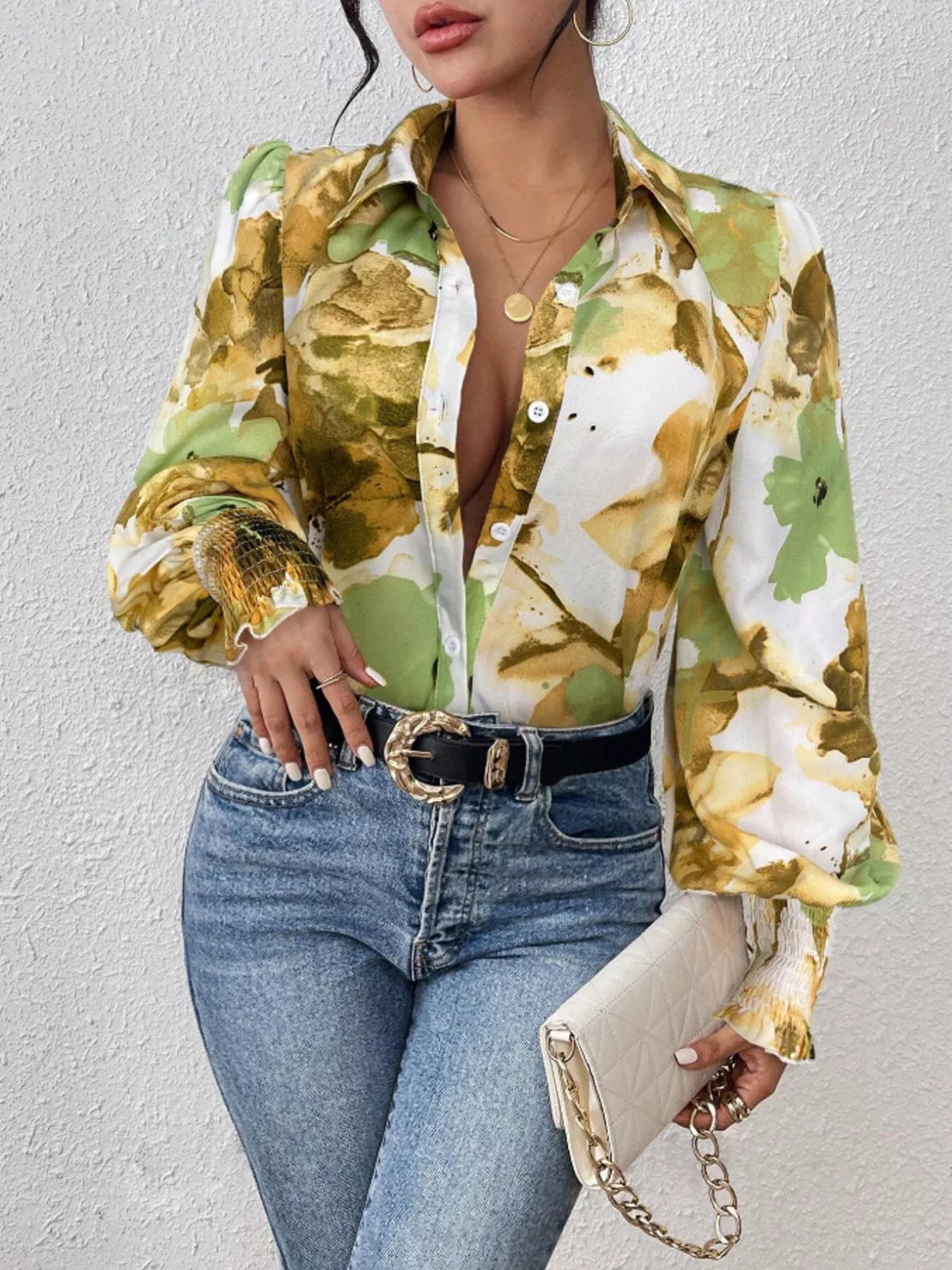 Printed Button Up Lantern Sleeve Shirt