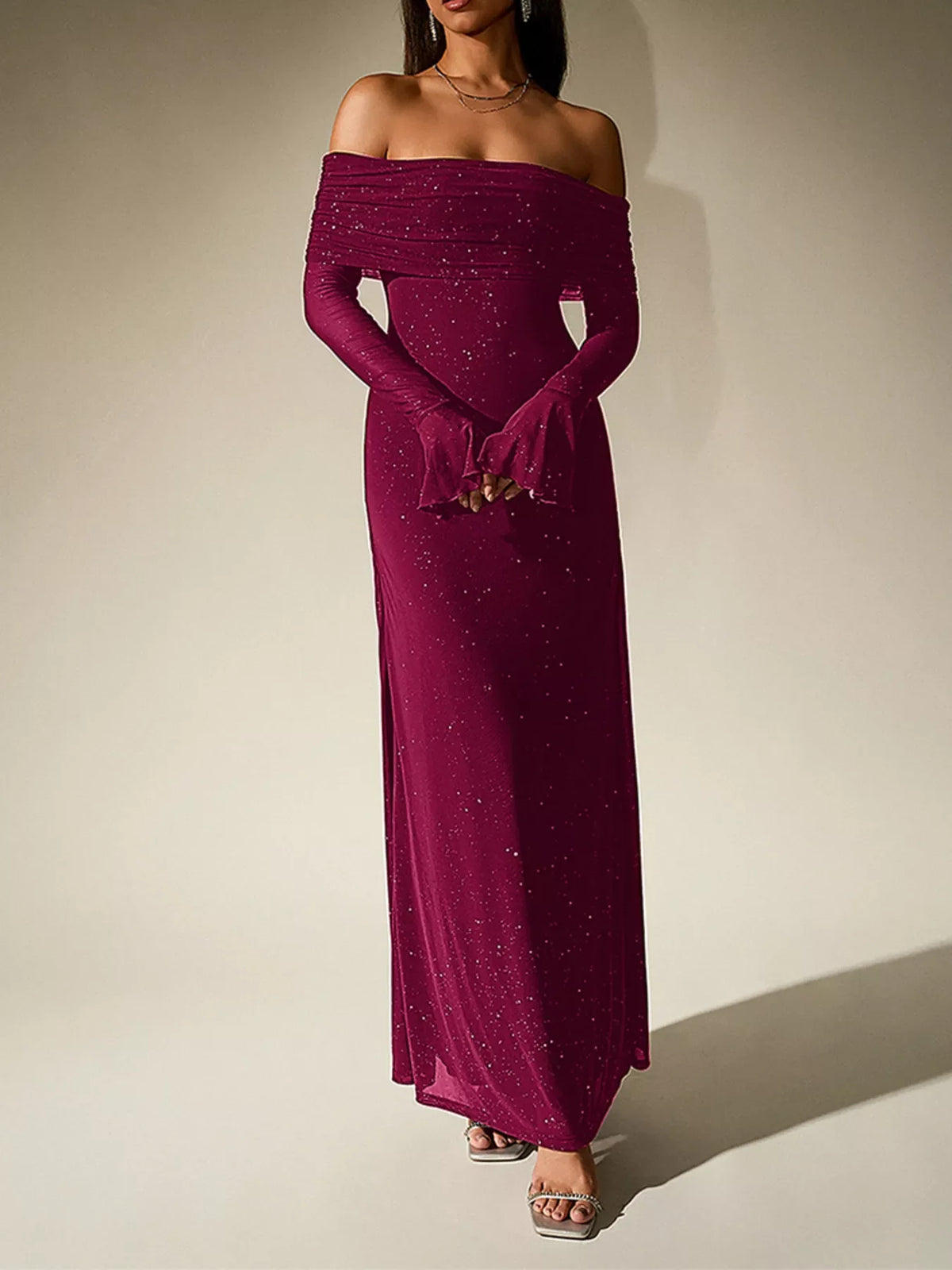 Glitter Off-Shoulder Maxi Dress