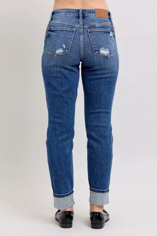 Judy Blue Full Size Mid Rise Boyfriend destroy Jeans with Yoke Pockets and Faux Selvedge Cuff Plus Size - Ladyez