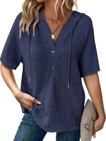 Drawstring Waffle-Knit Short Sleeve Hooded Top