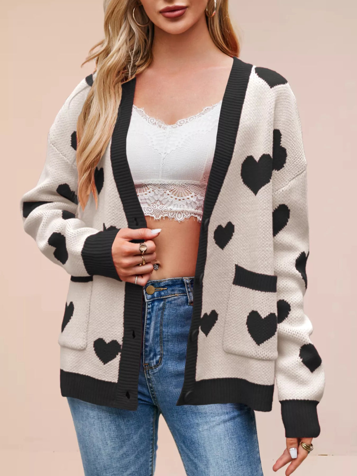 Heart Pattern Button-Up Knit Cardigan