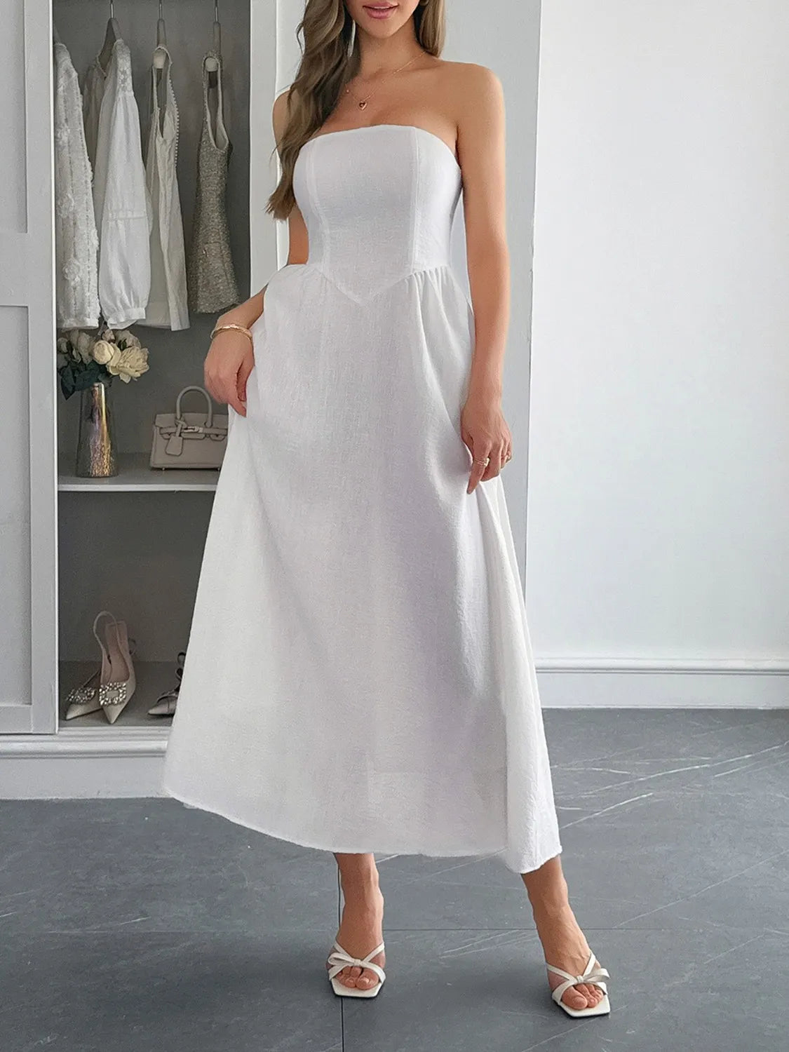Strapless A-Line Midi Dress with Pockets - Ladyez