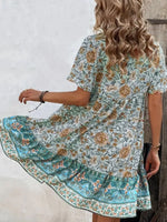 Printed Tie Neck Short Sleeve Mini Dress
