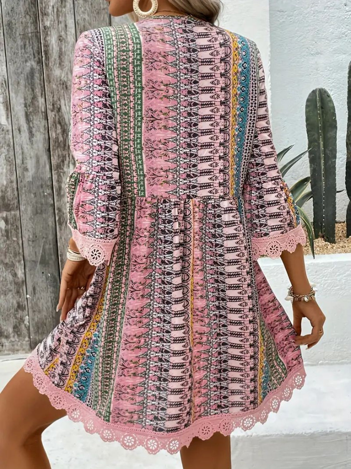 Lace Trim Printed V-Neck 3/4 Sleeve Dress - Ladyez