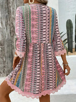 Lace Trim Printed V-Neck 3/4 Sleeve Dress - Ladyez