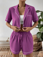 Ivy Lane Contrast Lapel Collar Cropped Shirt and Shorts Lounge Set - Ladyez