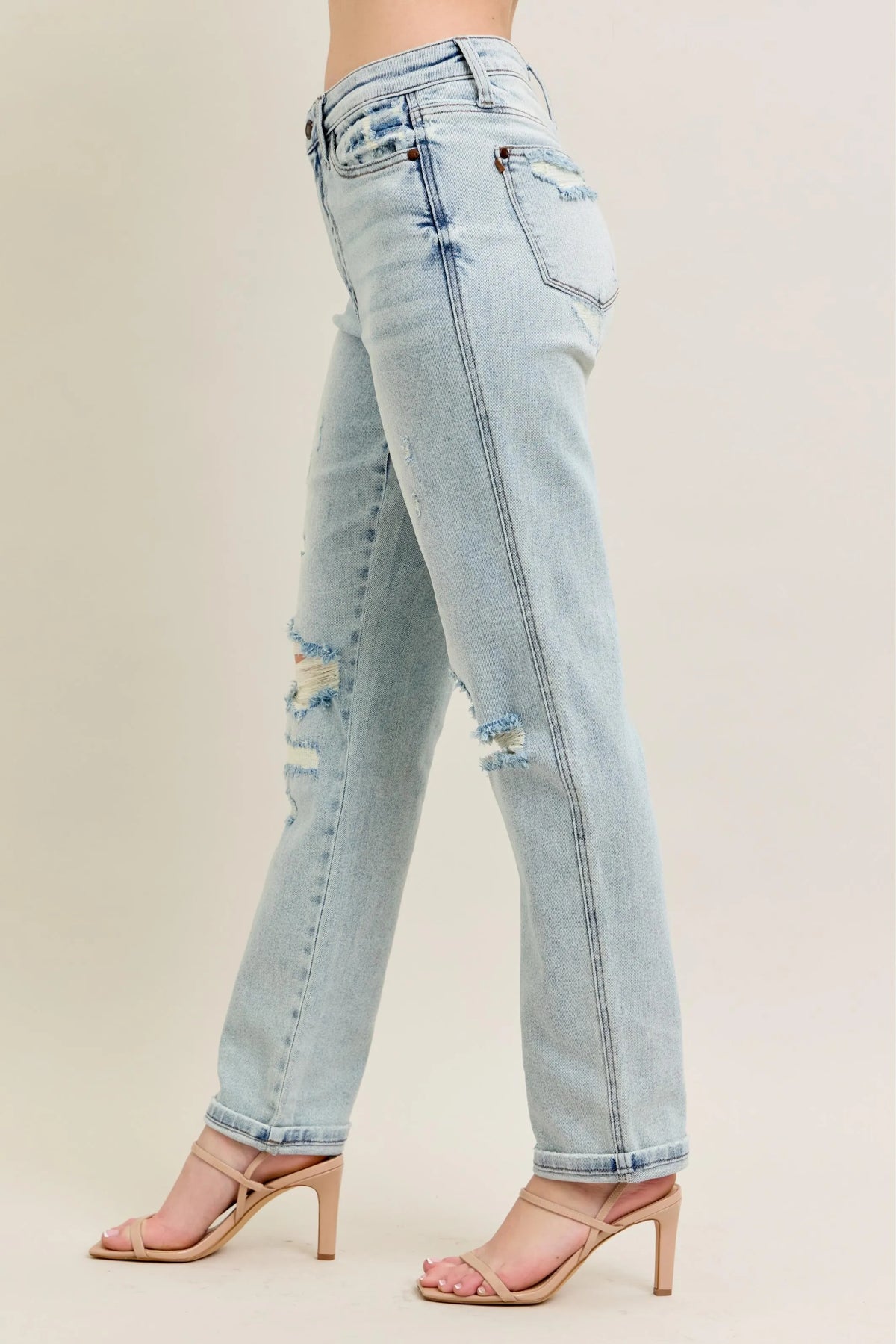 Judy Blue Full Size Mr Repair Stitch Detail Destroy Single Cuff Bf Jeans Plus Size - Ladyez