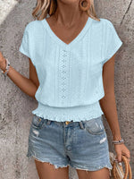 Eyelet V-Neck Short Sleeve Blouse - Ladyez