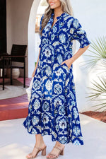 Wild Floral Print Frilled Collar Half Sleeve Dress