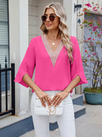 V-Neck Lace Trim Blouse - Ladyez