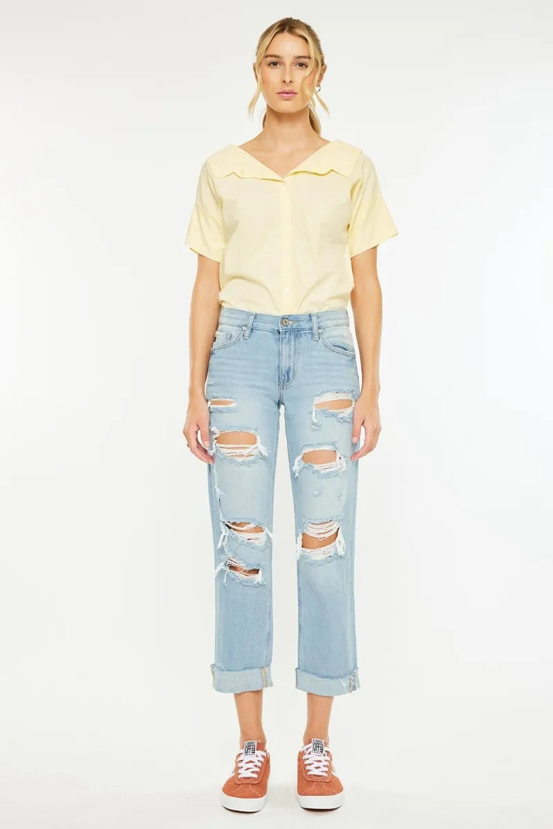 Kancan Mid Rise Distressed Boyfriend Jeans - Ladyez