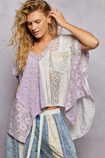 POL Asymmetrical V-Neck Short Sleeve Lace Top