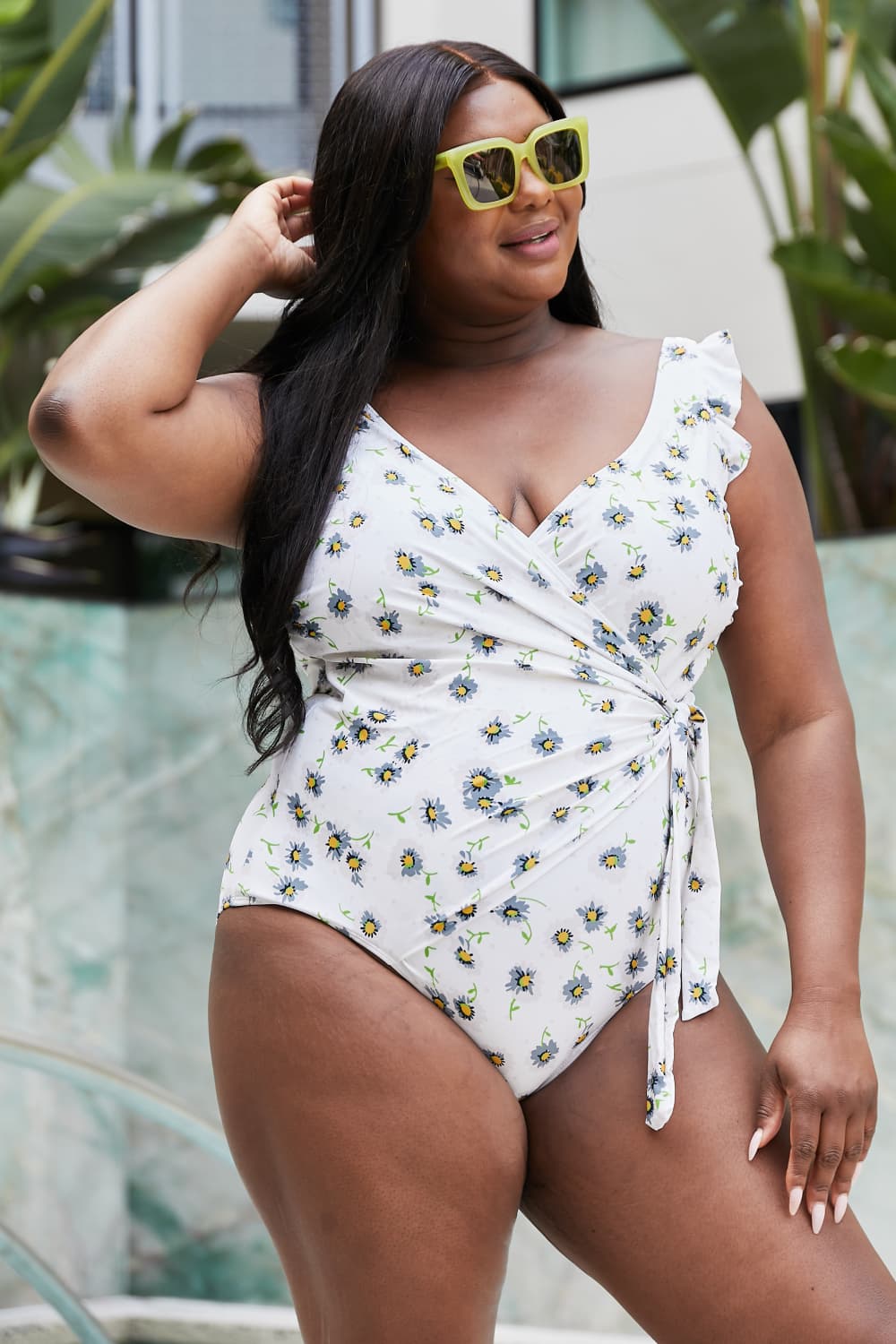 Marina West Swim Float On Ruffle Faux Wrap One-Piece in Daisy Cream - Ladyez