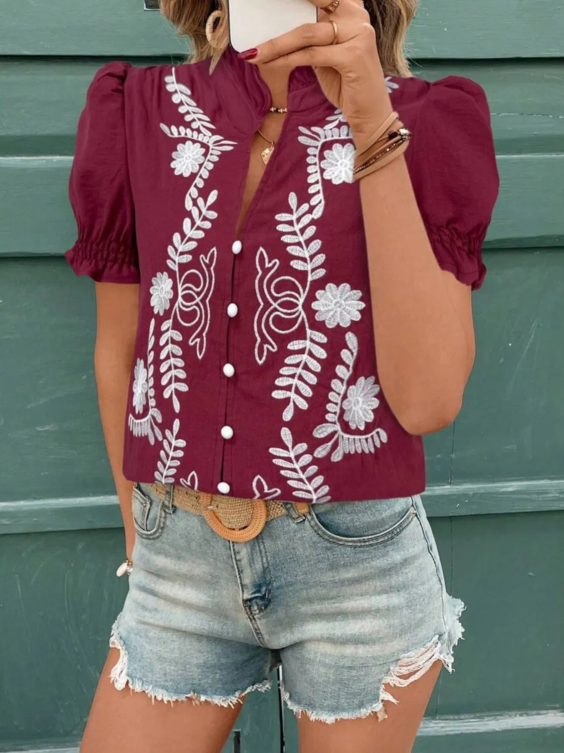 Embroidered Frill Notched Short Sleeve Blouse - Ladyez