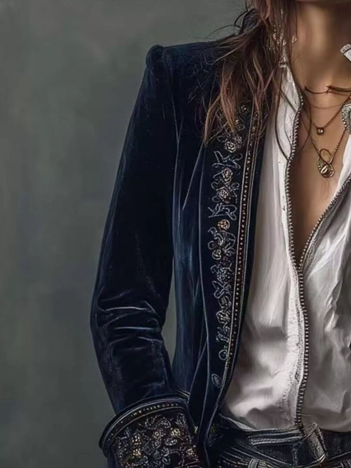 Embroidered Velvet Long Sleeve Outerwear
