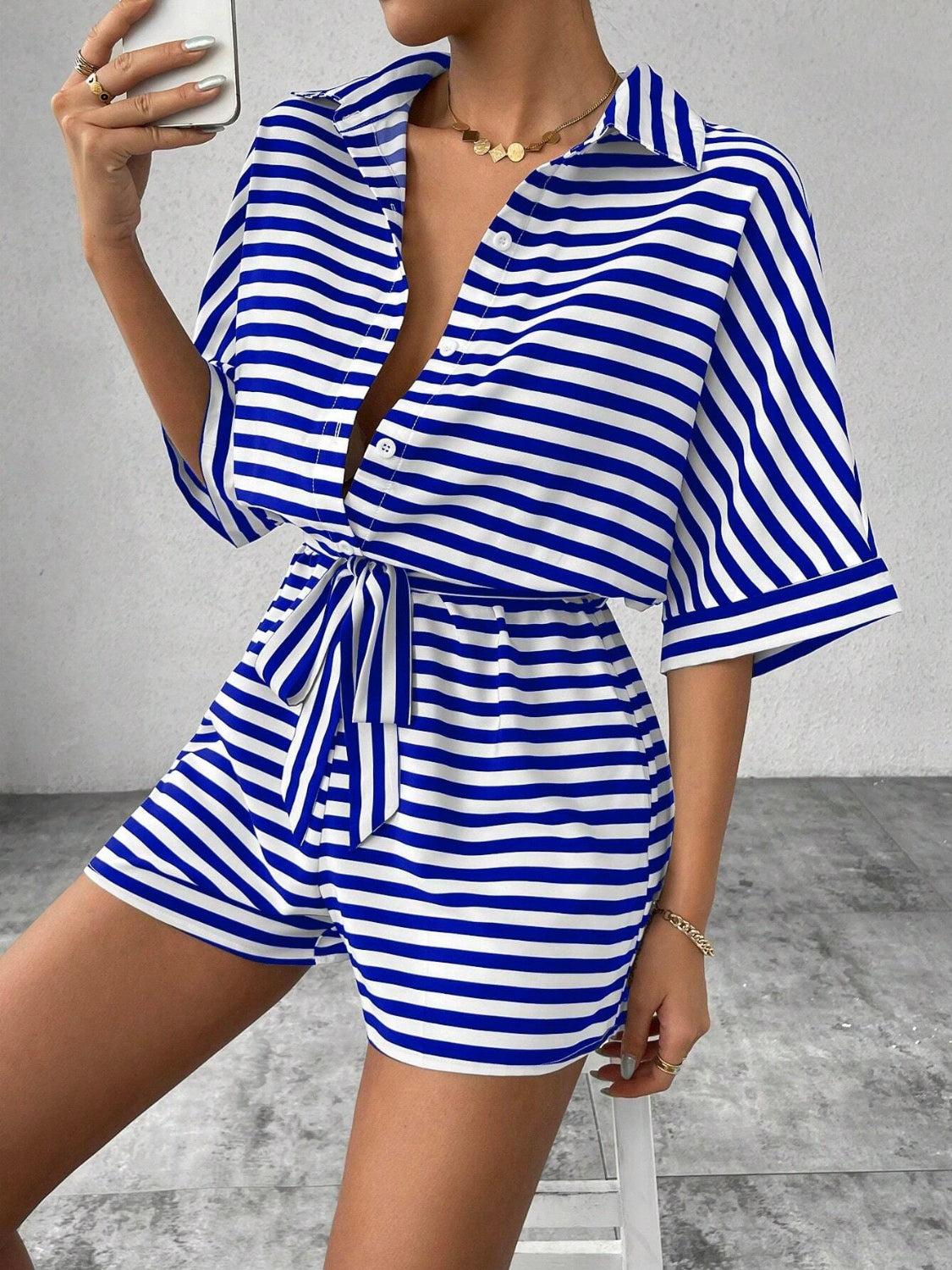 Tie Waist Half Button Striped Romper - Ladyez