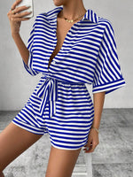Tie Waist Half Button Striped Romper - Ladyez
