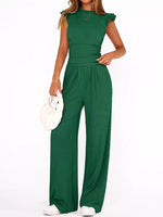 Ruffled Mock Neck Top and Wide Leg Pants Set
