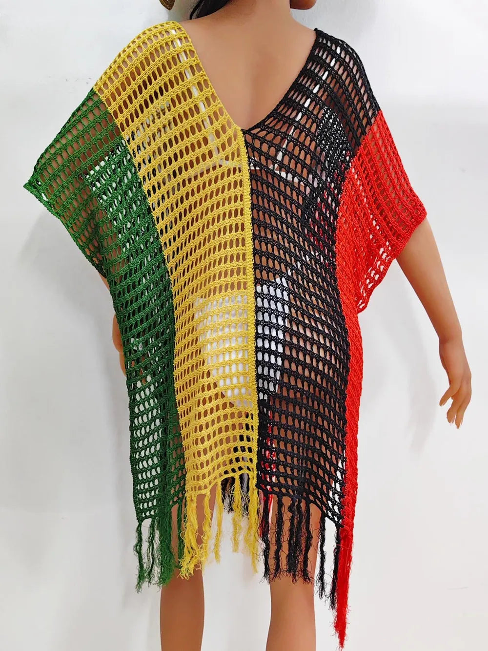 Fringe Color Block Scoop Neck Cover Up - Ladyez