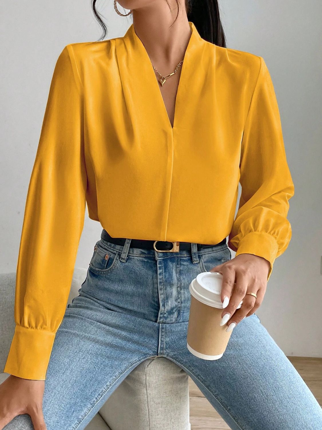 V Neck Long Sleeve Top - Ladyez
