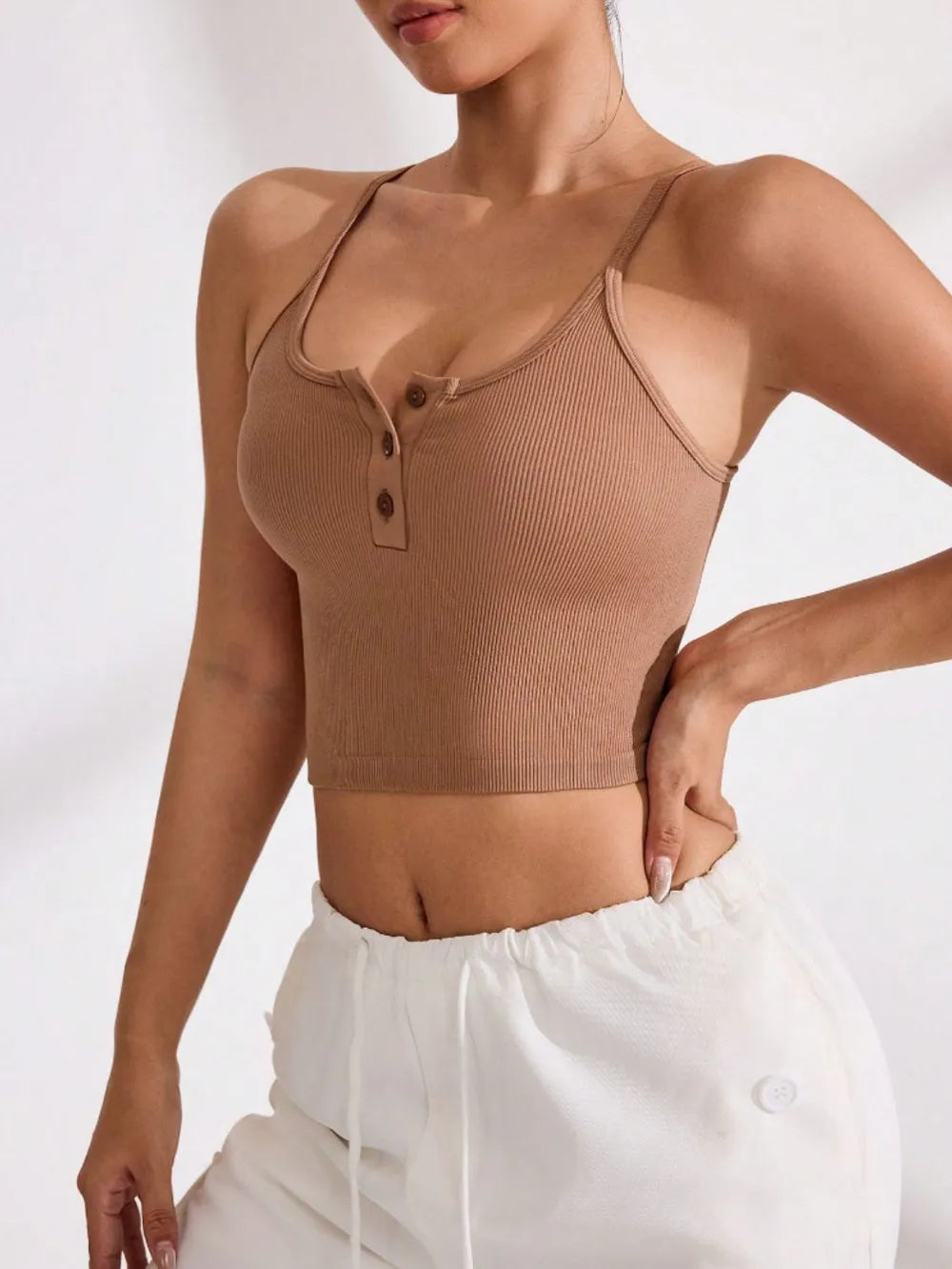 Ribbed Half Button Cropped Active Cami - Ladyez