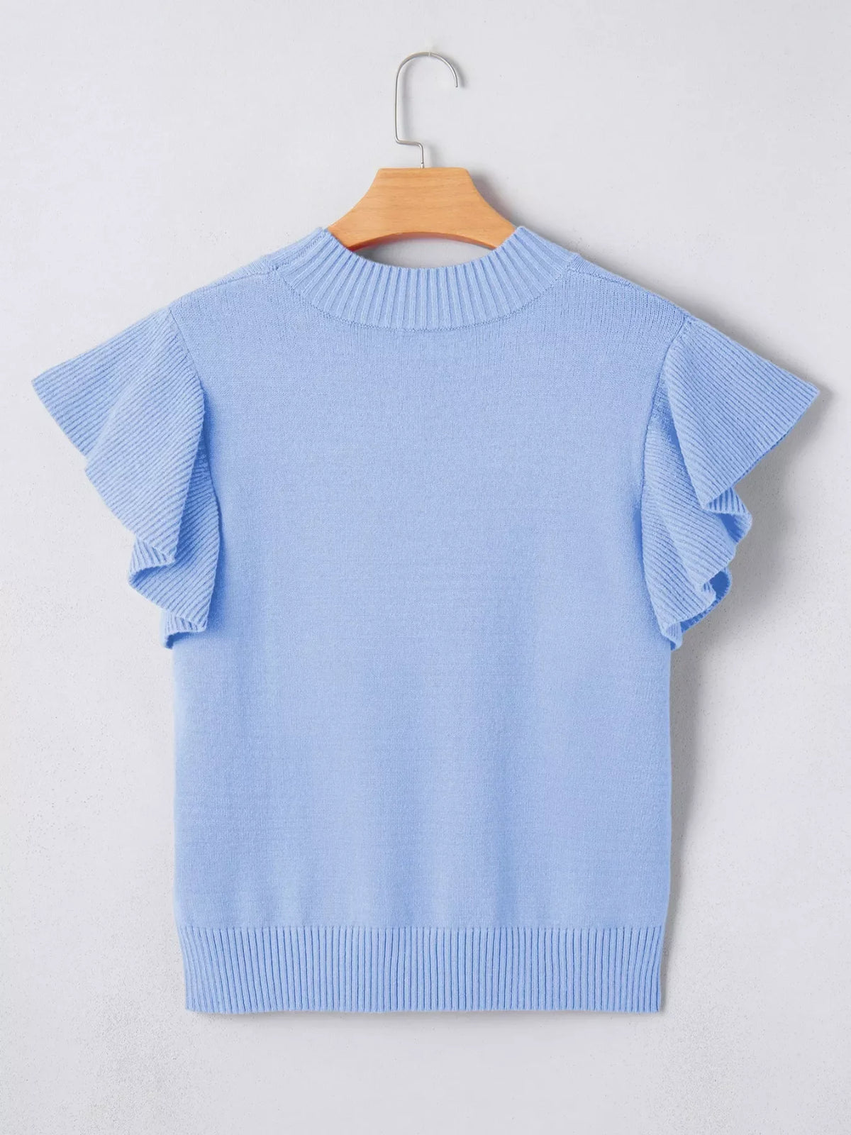 Solid Color Ribbed Trim Round Neck Ruffle Short Sleeve Sweater