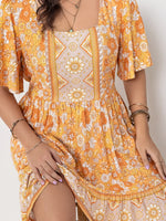 Plus Size Printed Square Neck Short Sleeve Dress