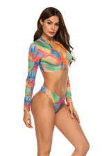 Printed Zip Up Three-Piece Swim Set - Ladyez