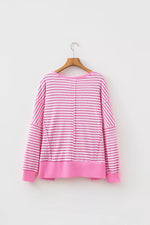 Stripe Textured Knit Color Block Trim Split Hem Long Sleeve Top