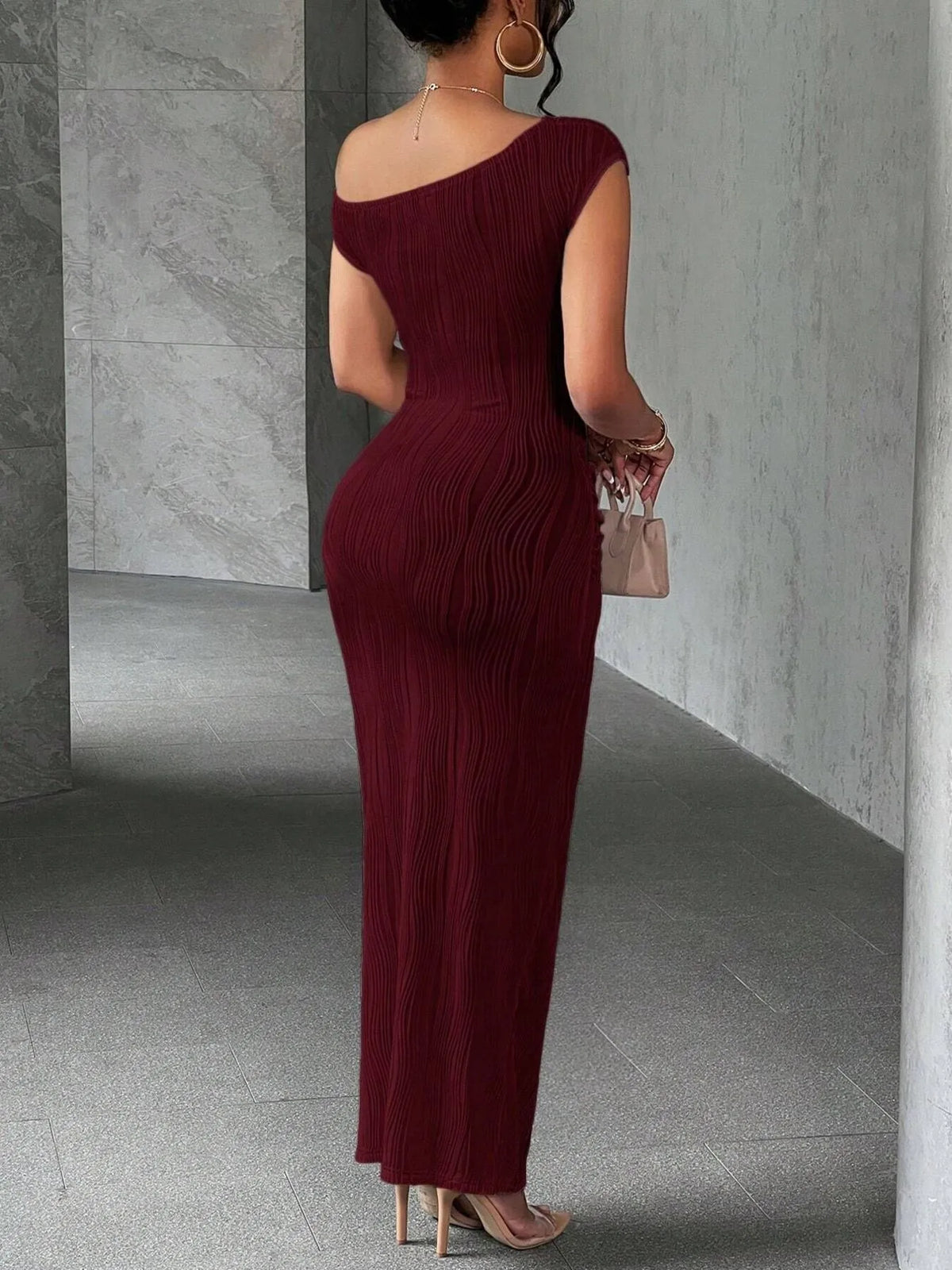 Textured Single Shoulder Bodycon Maxi Dress - Ladyez