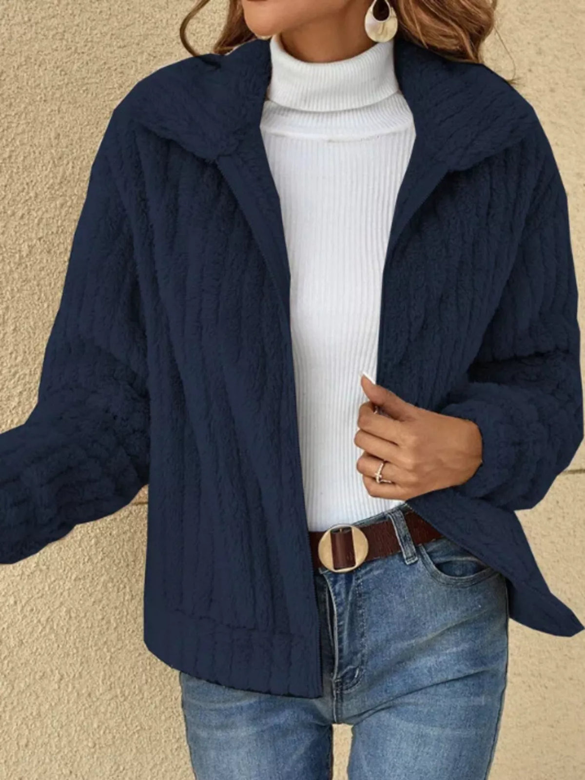 Full Size Zip-Up Long Sleeve Texture Jacket Plus Size