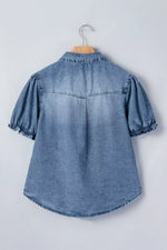 Frilled Short Sleeve Snap Button Denim Shirt